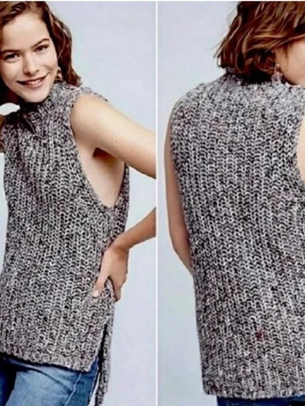 Anthropologie Moth Joelle Mock Neck Sleeveless Chunky Sweater Tunic Gray Small